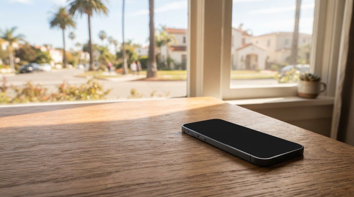 A phone lying on a wooden table beside a window, with a palm-lined residential street outside.