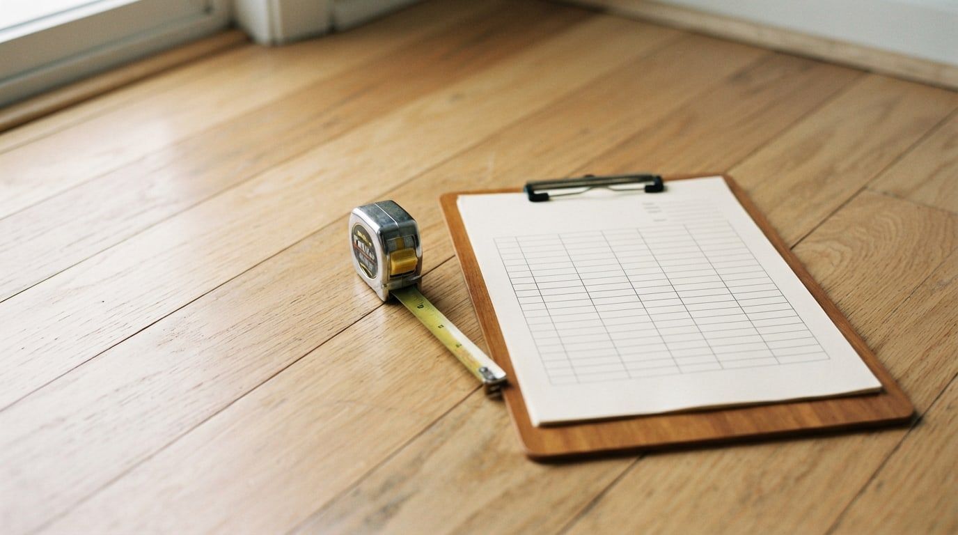 A clipboard holding a blank grid form, with a tape measure beside it on a wooden floor.