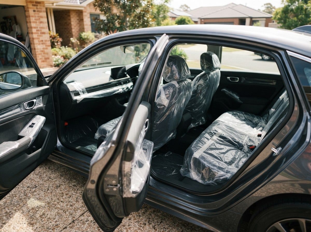 A car parked in a driveway with its rear door open and the seats wrapped in clear protective plastic.