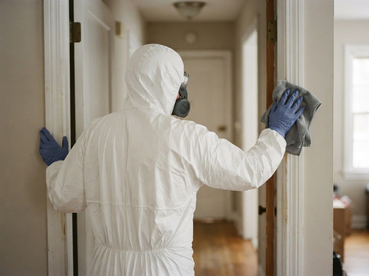 A cleanup technician in a white hooded coverall and respirator, seen from behind, wiping a door frame in a hallway.