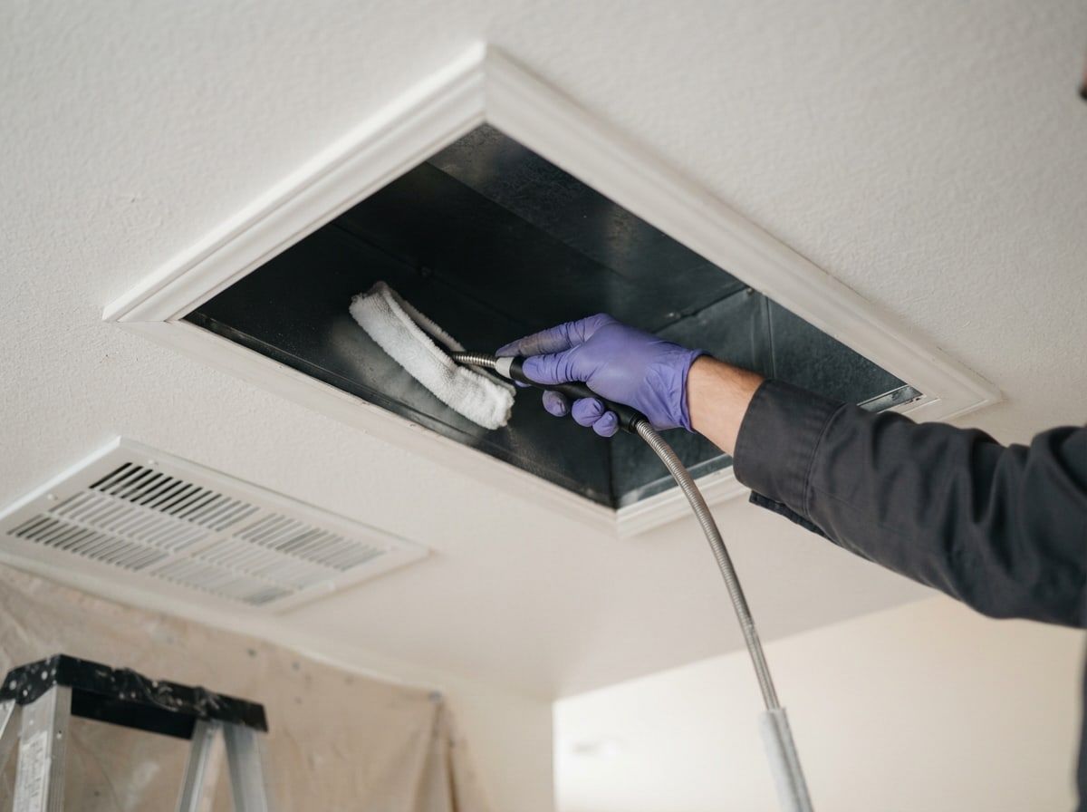 A gloved hand cleaning inside a ceiling air duct after the vent grille has been removed.