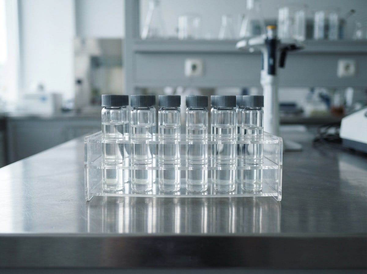 A row of sealed clear sample vials in a rack on a laboratory bench.