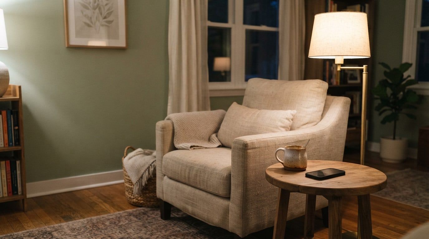 A quiet living room corner with an armchair, a lit floor lamp, and a phone and mug on a side table.