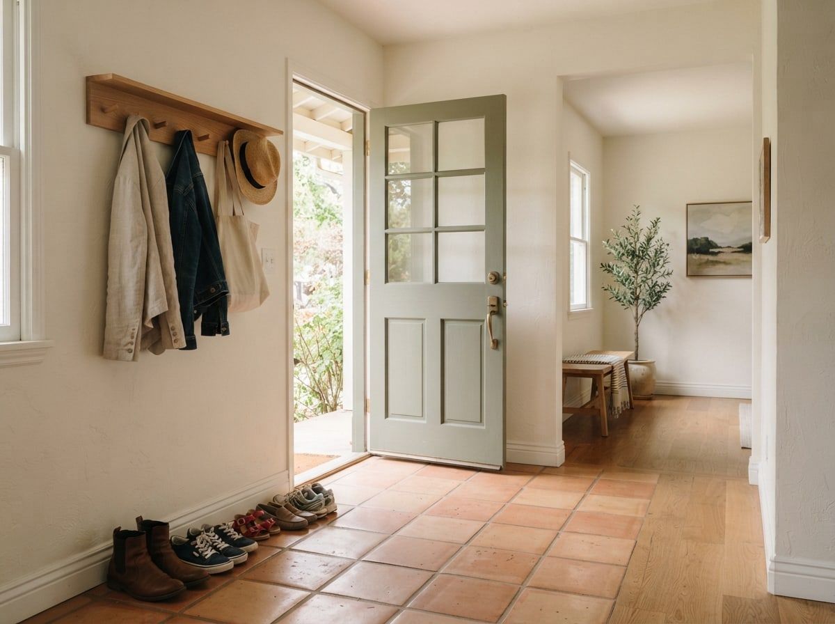 A home entryway with the front door open, coats on wall hooks and a row of shoes on a tile floor.