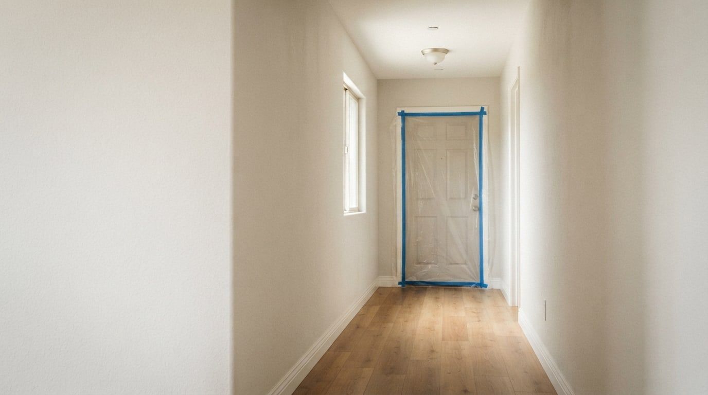 A quiet, sunlit hallway leading to a closed interior door sealed around its frame with plastic sheeting and blue tape.