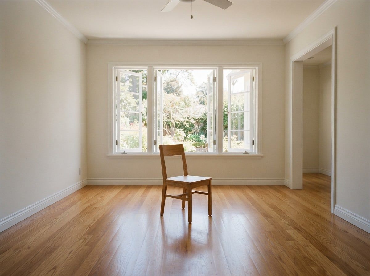A cleared, empty room with polished wood floors, open windows and a single wooden chair.