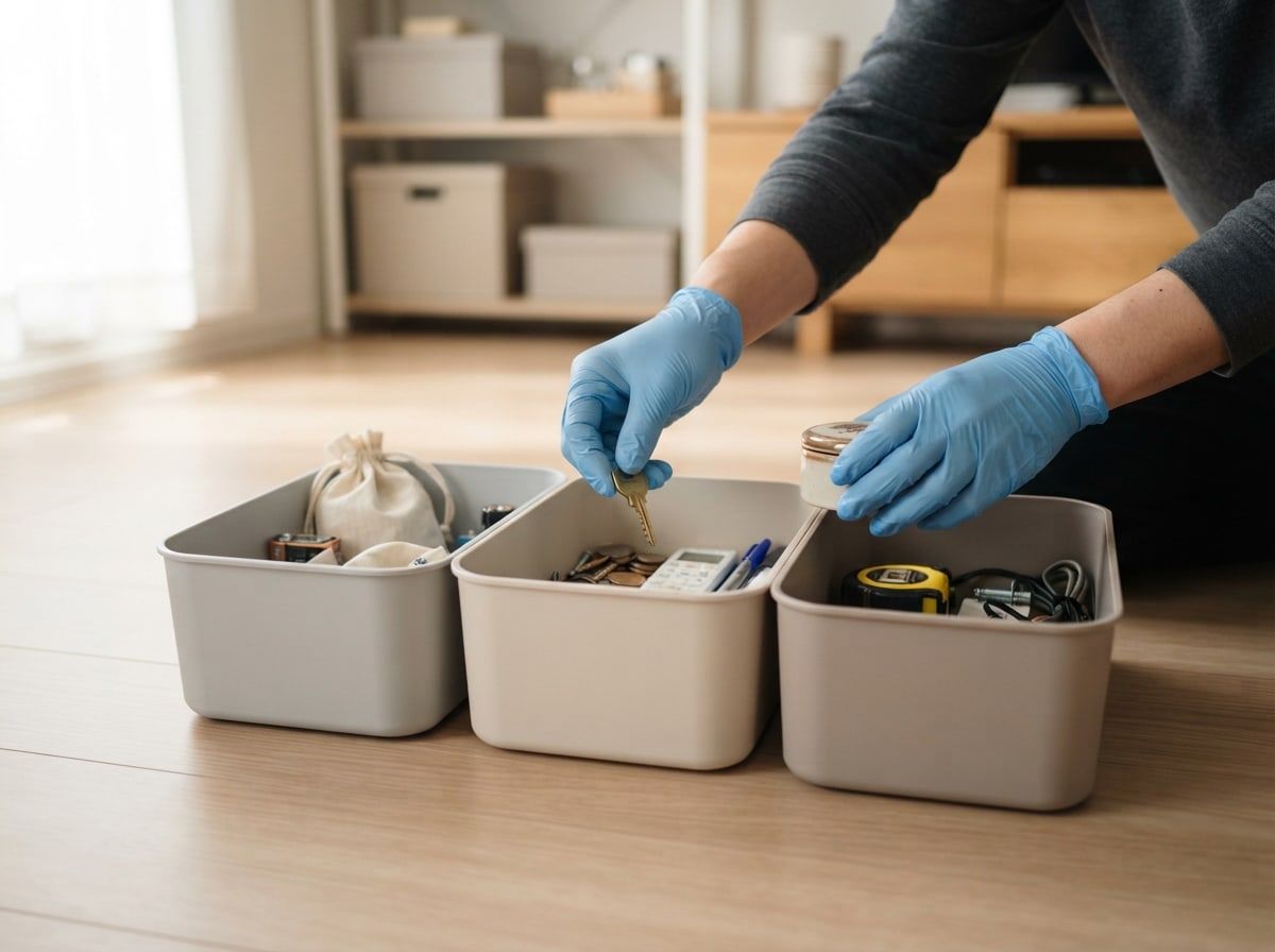 Gloved hands sorting small household items into three plain storage bins on a wooden floor.