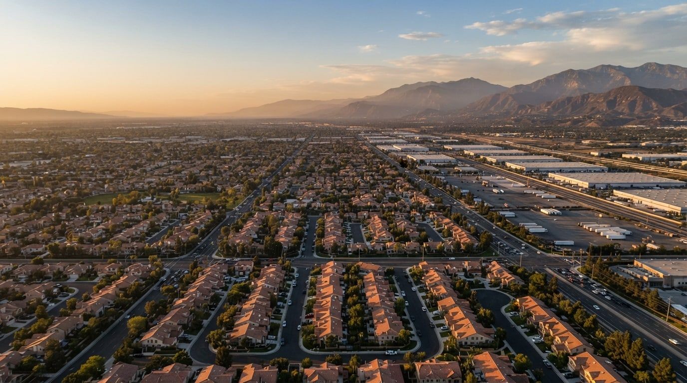 An aerial view of suburban neighborhoods and large warehouses spreading across a valley toward mountains at sunset.