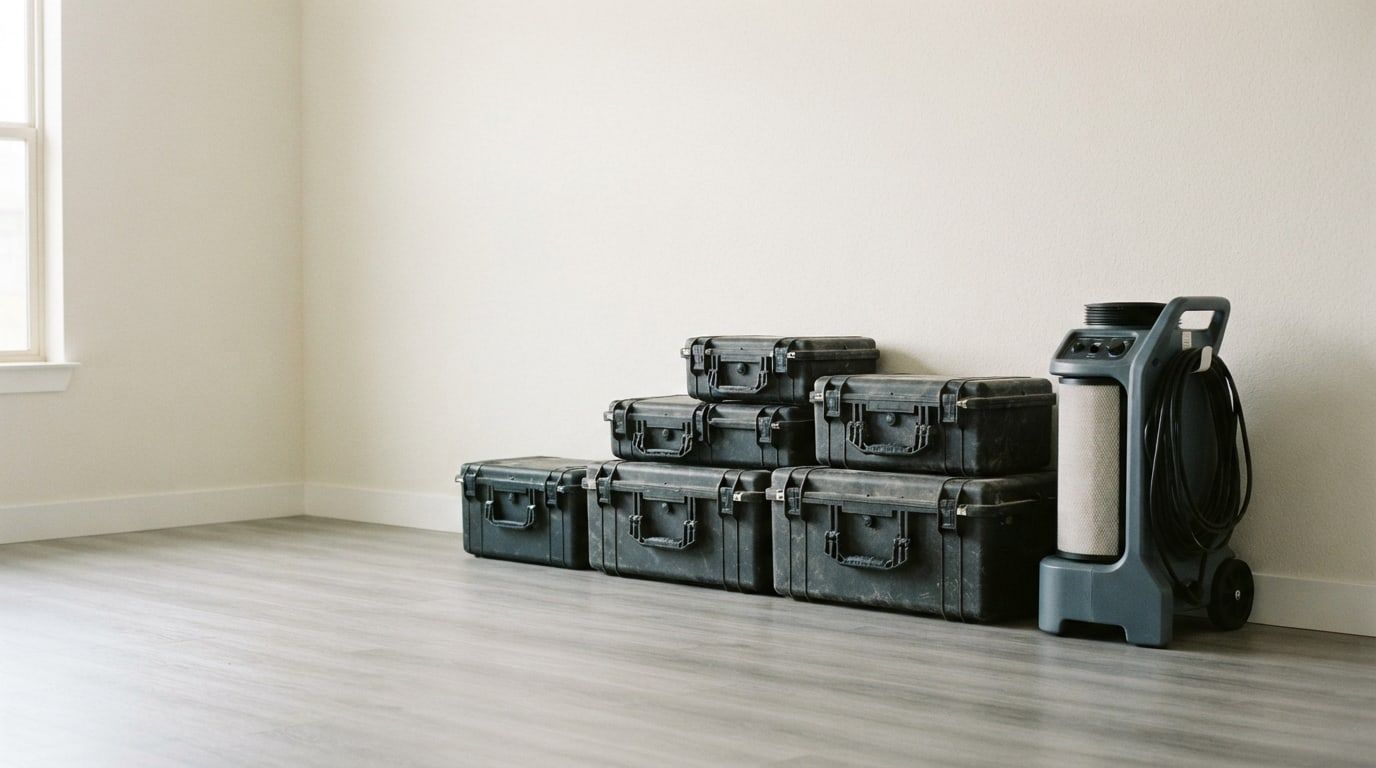 Sealed black equipment cases stacked beside a portable air scrubber in an empty room with pale walls.