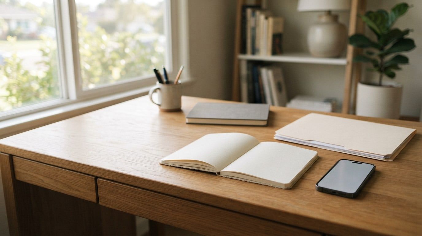 A wooden desk by a window with an open notebook, a folder, a phone and a cup of pens.