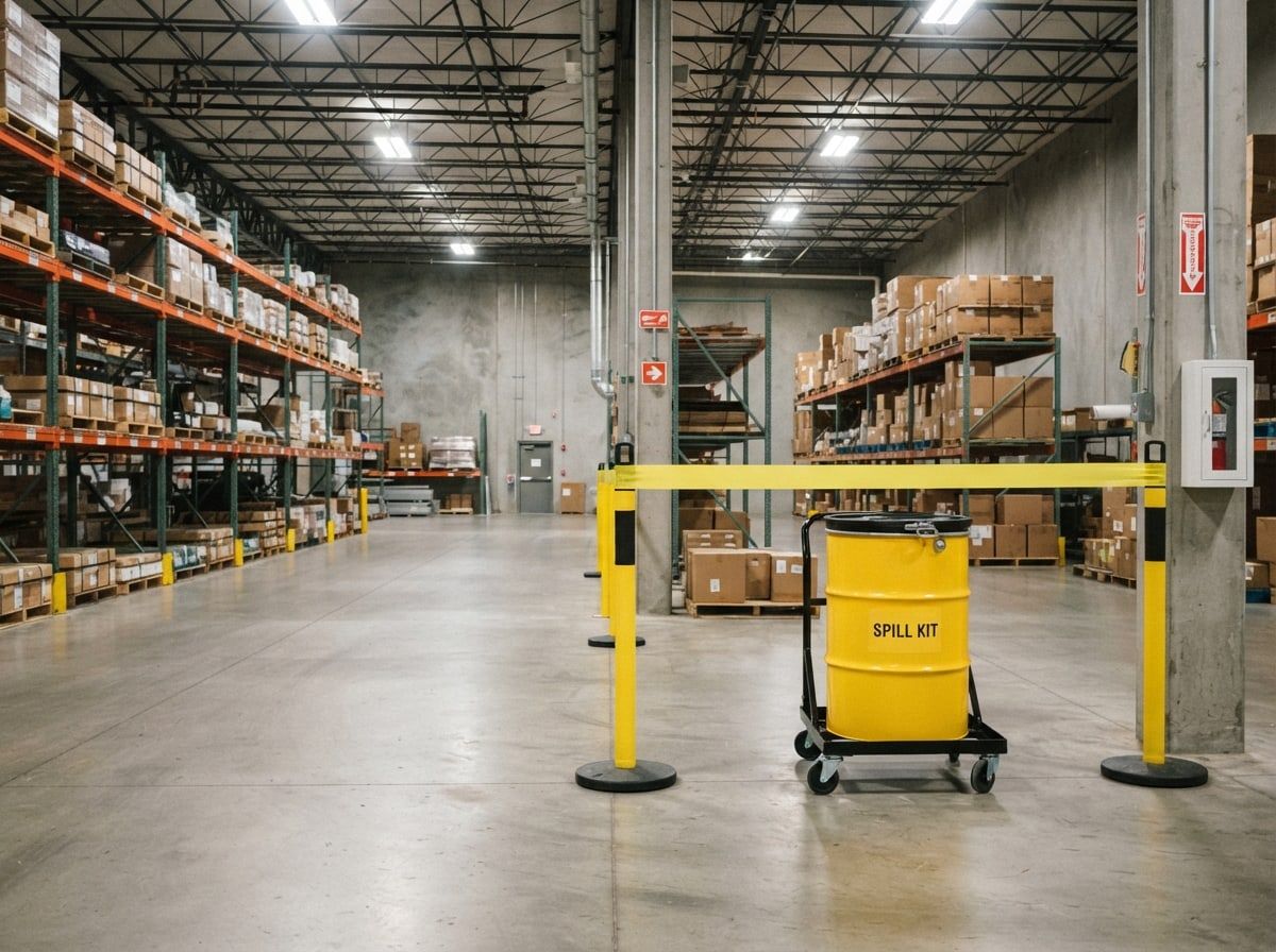 A warehouse aisle closed off with yellow barrier posts around a yellow spill kit drum.