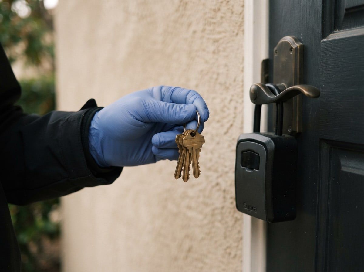 A gloved hand holding a set of house keys next to a lockbox hanging from a front door handle.