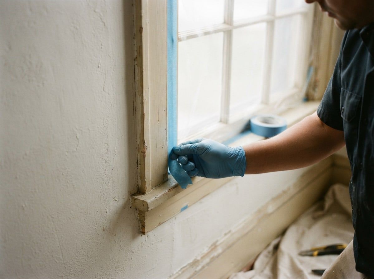 A worker in blue gloves masking an old painted wooden window frame with blue tape.