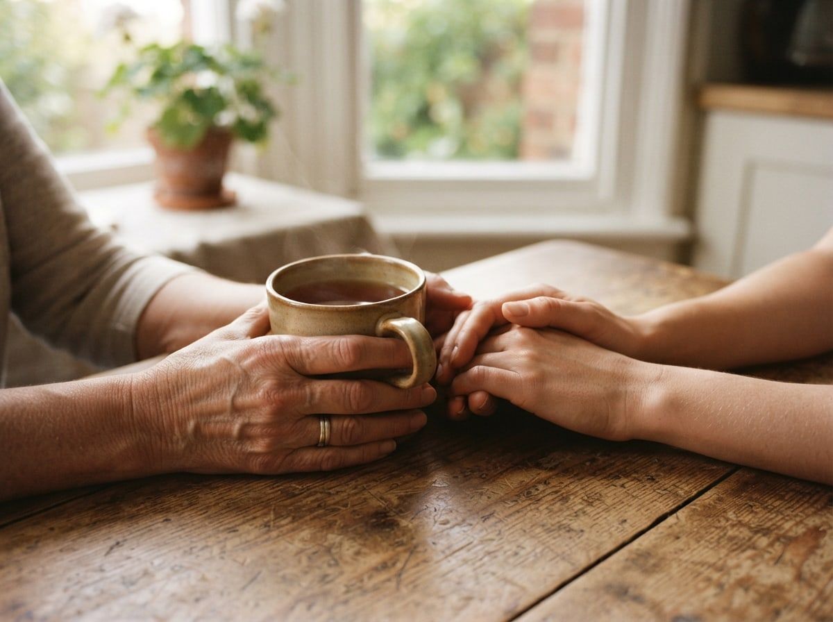 Two people at a kitchen table, one holding a cup of tea while the other rests a hand on theirs.