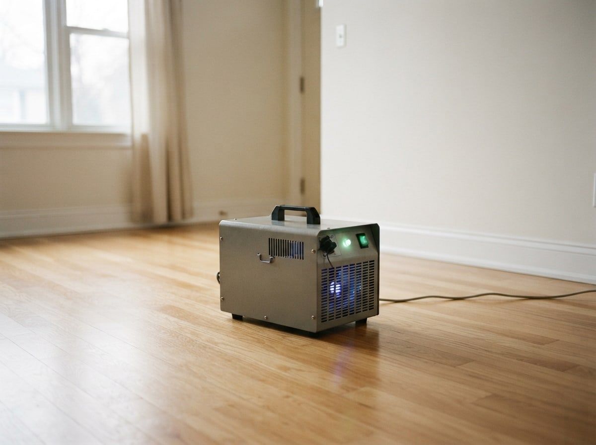 A portable metal odor-control machine running on a wooden floor in an empty, sunlit room.