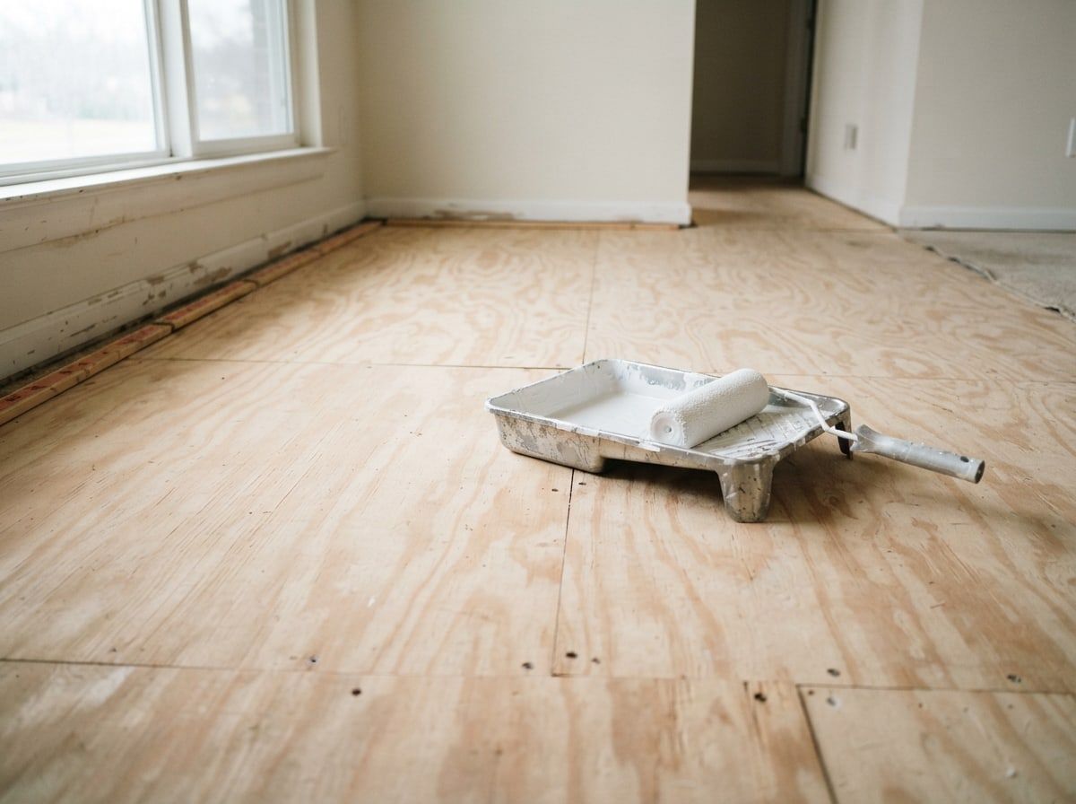 Bare plywood subfloor after the flooring was removed, with a paint tray and roller of primer resting on it.